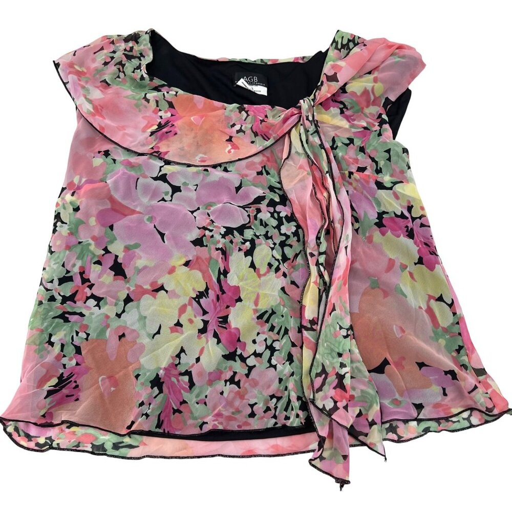 AGB Floral Chiffon‎ Sleeveless Blouse XL Black Pink Multicolor y2k